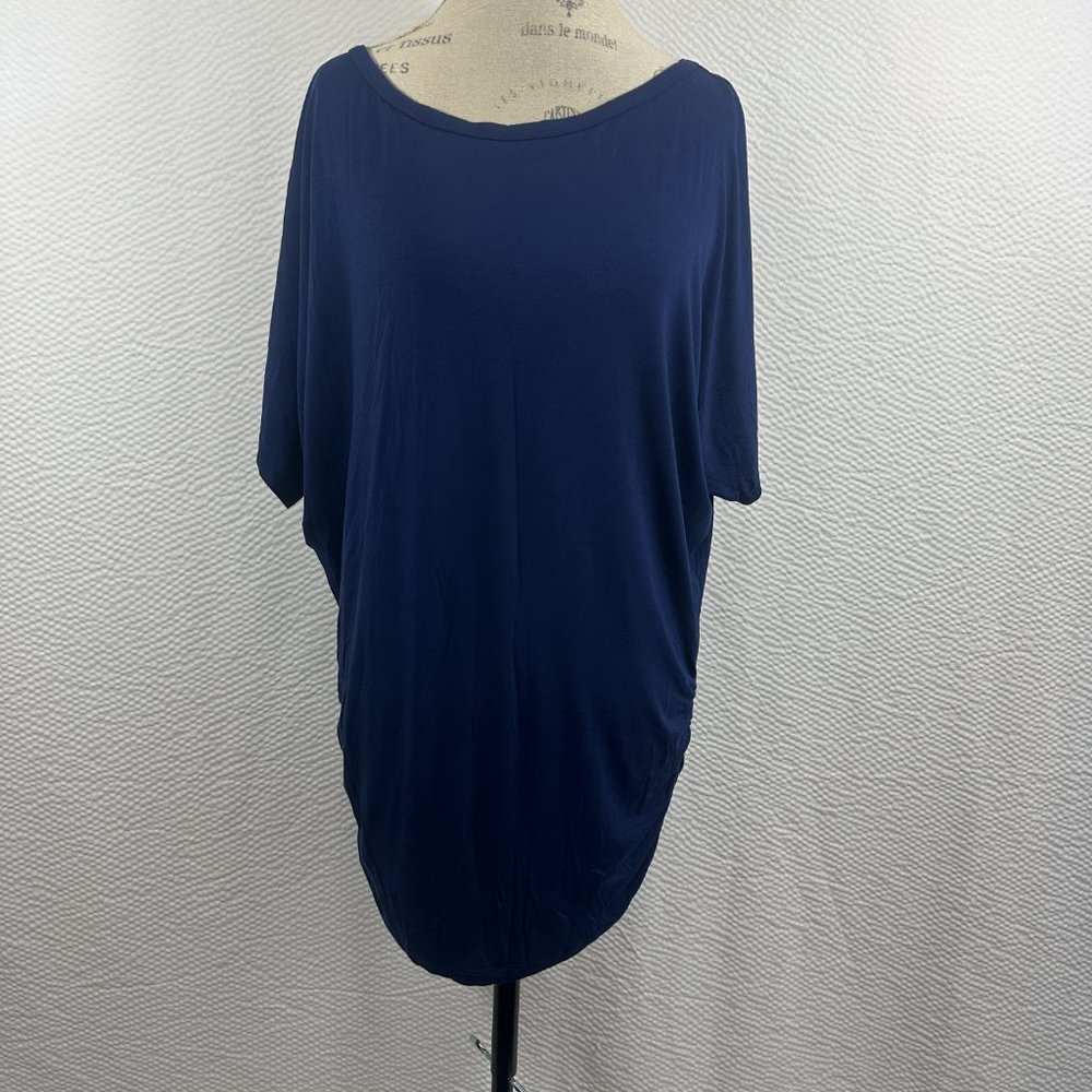 Made by Johnny Women's Blue Short Sleeve Boat Neck Dolman Top Side Shirring - Picture 2 of 6